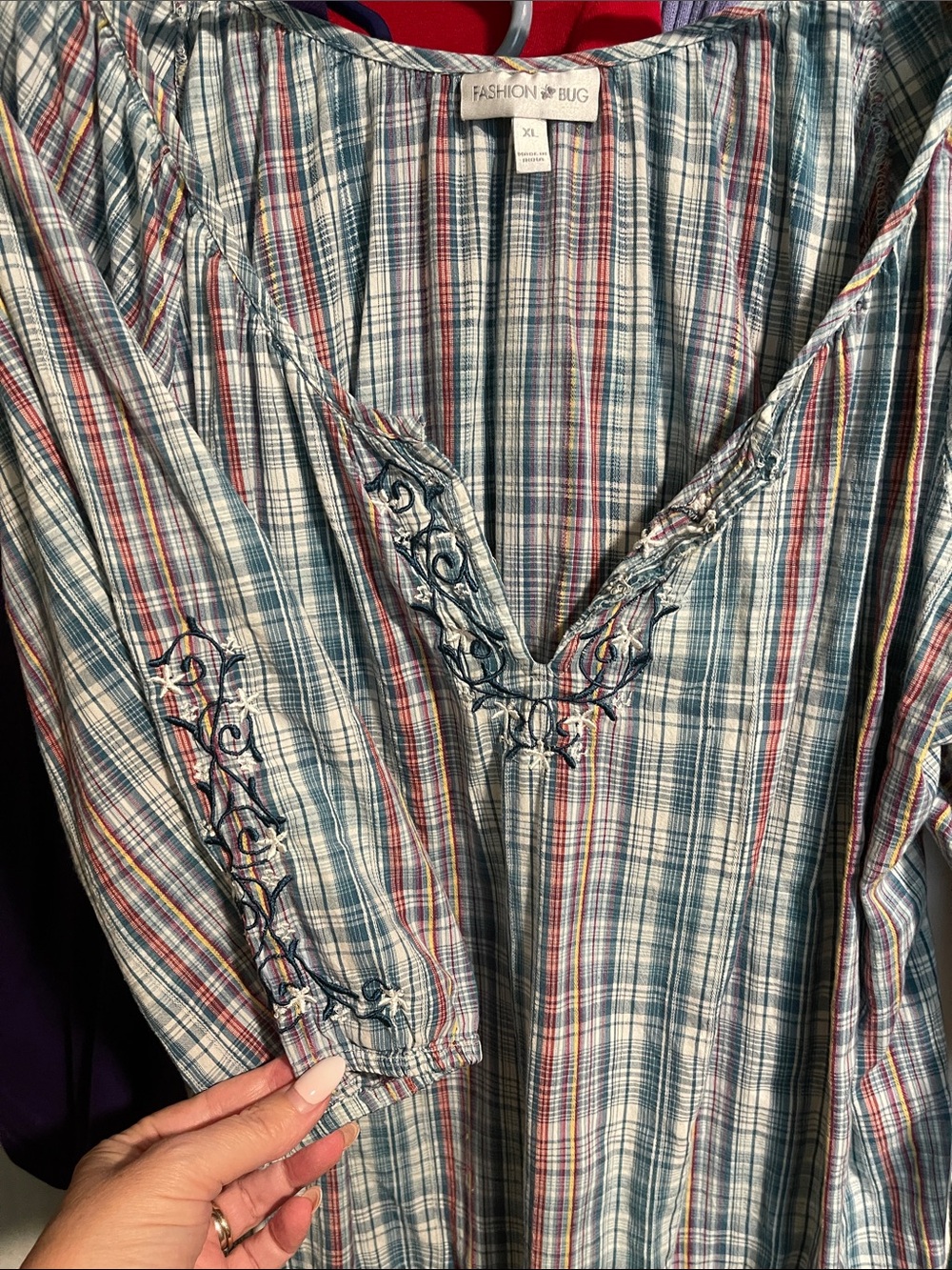 Fashion Bug Multicolor Plaid Embroidered V-Neck Tunic